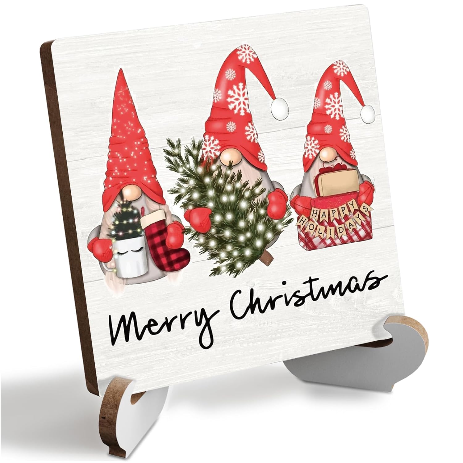 Siumeili Rustic Wooden Christmas Sign Plaque with Wood Stand, 3.94×3.94inches, Tabletop, Merry Christmas, 3 Count