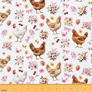 Chicken Fabric by The Yard Retro Flowers Butterfly Bow No Stretch Fabric for Sewing Supplies Pink Strawberry Cherry Decor Soft Polyester for Home DIY Projects 1 Yard Pre-Cut,36" L x 59" W