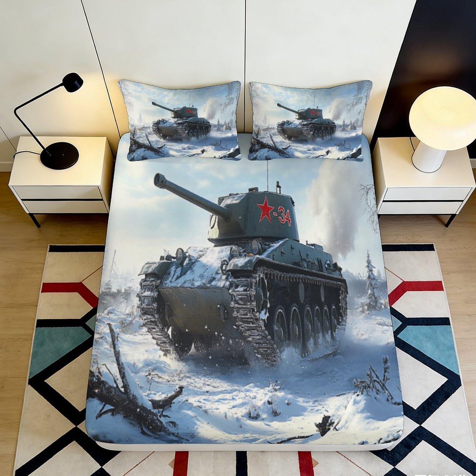 3D Printed Tank Theme Fitted Sheet Microfiber Deep Pocket Non-Slip for Bedroom Tank Mattress Fitted Cover 200x200x25cm 90x200x25cm