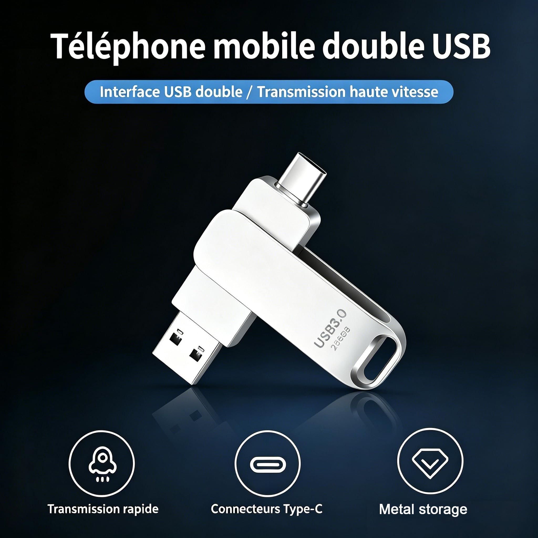 Clé USB 256 Go Double Interface Type-C USB 3.0, Flash Drive Portable Matériau Métallique Pivotant, Compatible Téléphones Portables/Tablettes/Ordinateurs - 5