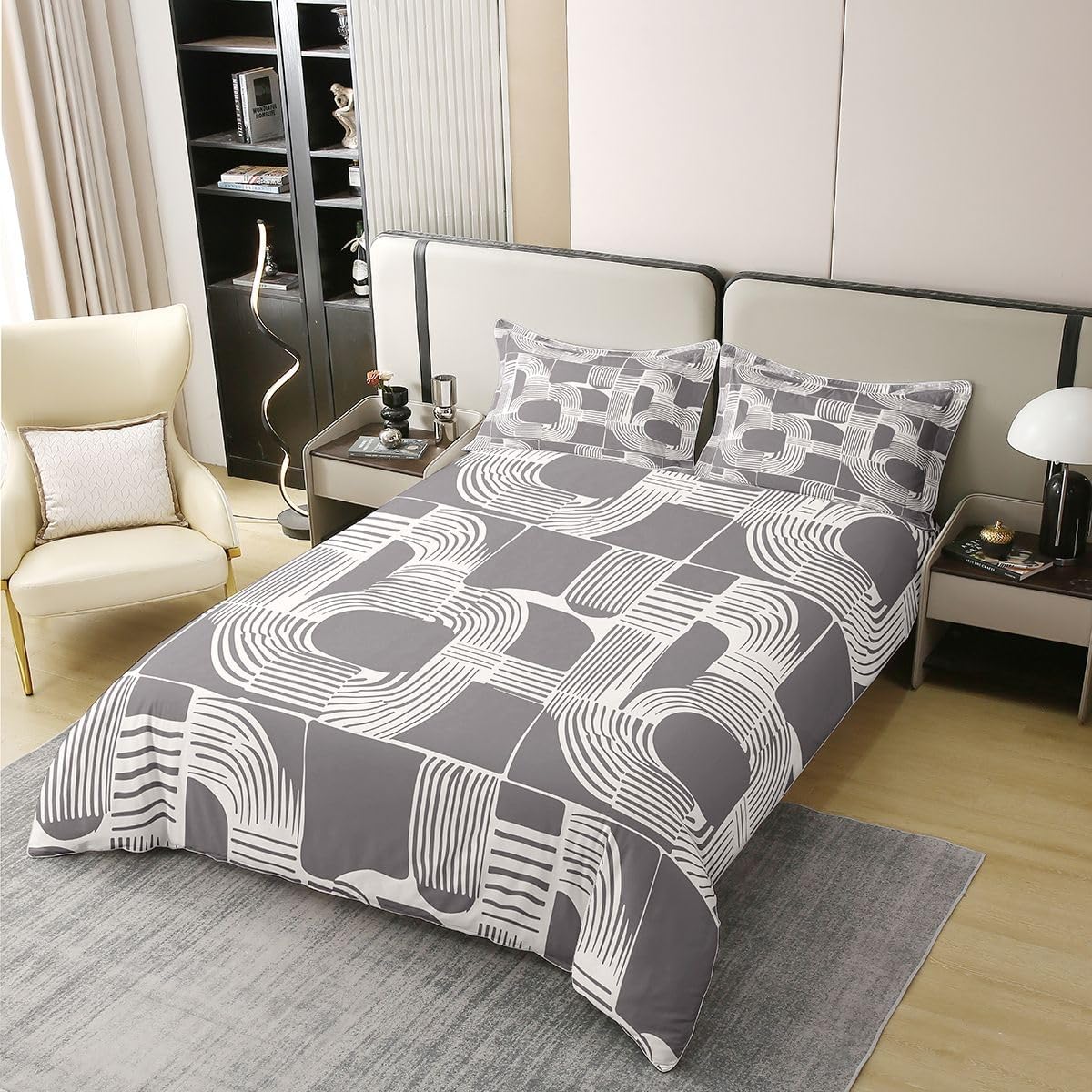 Erosebridal Mid Century Teens 100% Cotton Duvet Cover 3 Piece Bohemian Ethnic Bedding Set Queen Size Boho Geometric Comforter Cover for Kids Boys Adult Bedroom Modern Simple Gray Stripes Bed Sets