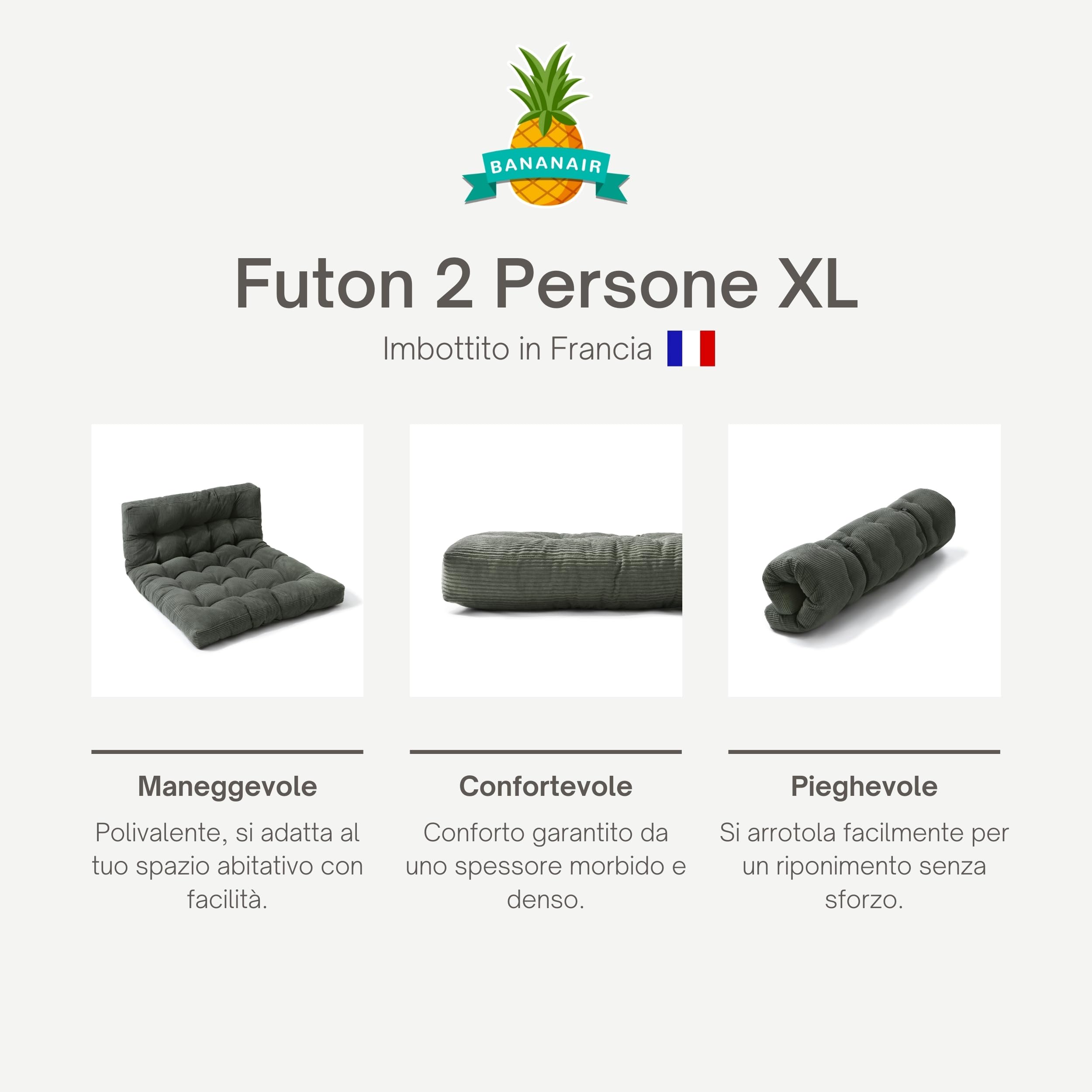 bananair - Futon Giapponese per 2 Persone, Comodo e Spesso, Imbottitura in Schiuma - Velluto a Coste Larghe Morbido ed Elegante - Con Cinghie, Materasso Pieghevole Pratico (160x200 cm, Grigio Scuro)