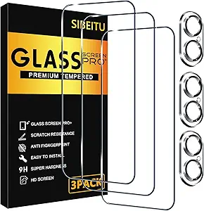SIBEITU 3 Pack Screen Protector for iPhone 16 Plus with 3 Pack Camera Lens Tempered Glass Protector, 6.7 Inch HD Clear 9H Hardness Full Coverage, Scratch Resistent, Easy Installation, Bubbles Free