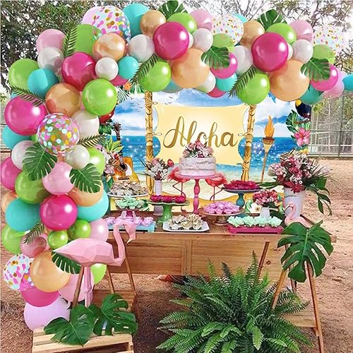 Miniatura 5 de Telón de fondo Aloha de verano de 7 x 5 pies, fondo hawaiano de flamenco Luau para fotografía, flores tropicales, decoración de fiesta musical,
