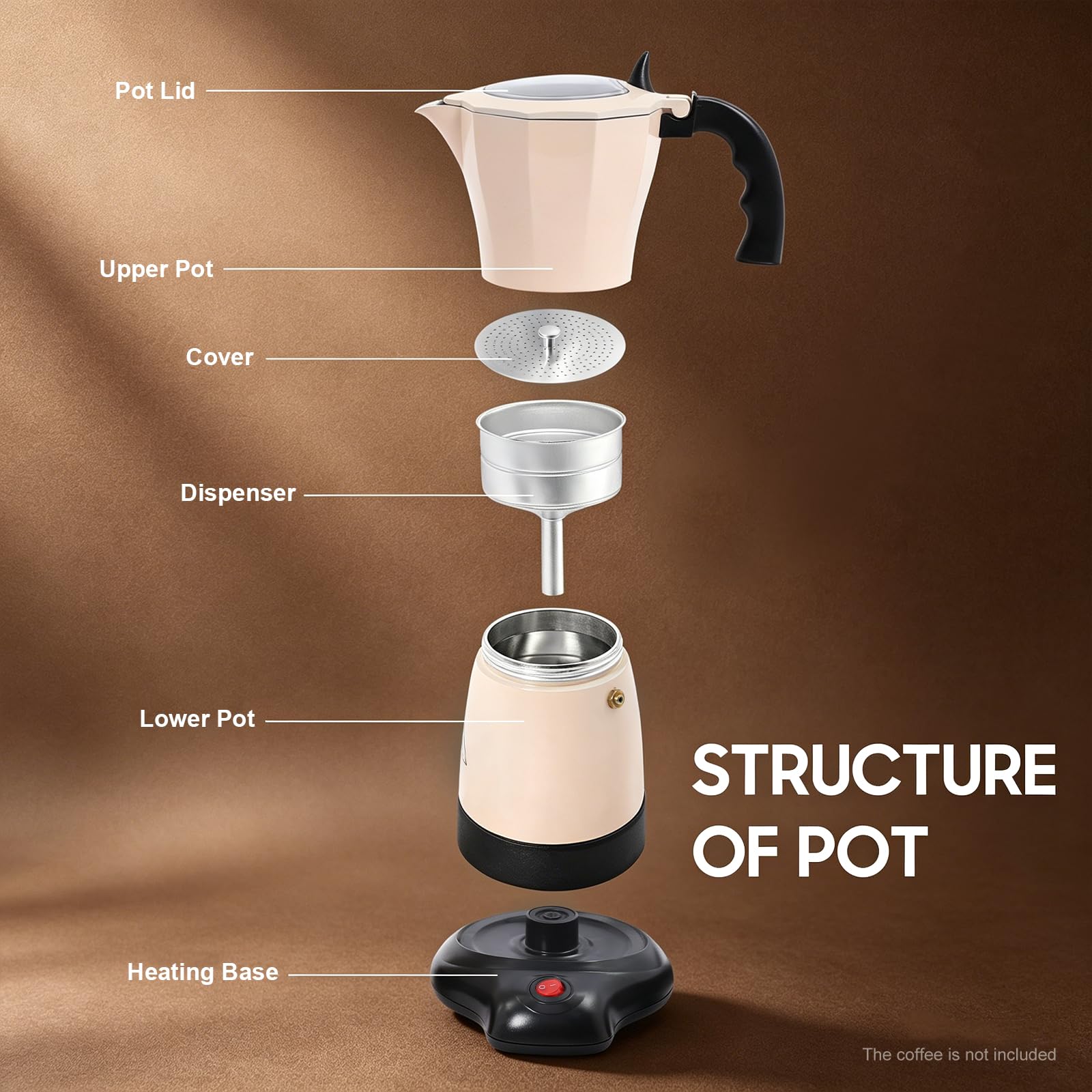 Cafetera eléctrica de 300 ml, cafetera espresso 6 tazas Italia Moka KanneOne-TouchVálvula de seguridad 360° Básica Portátil para el hogar Viaje, Blanco