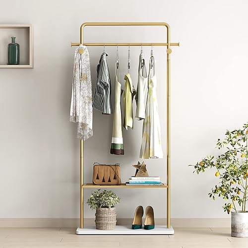 Miniatura 9 de TIEOU Perchero dorado con estante, perchero dorado para boutiques, perchero de ropa independiente para colgar ropa, perchero dorado, pequeño estante