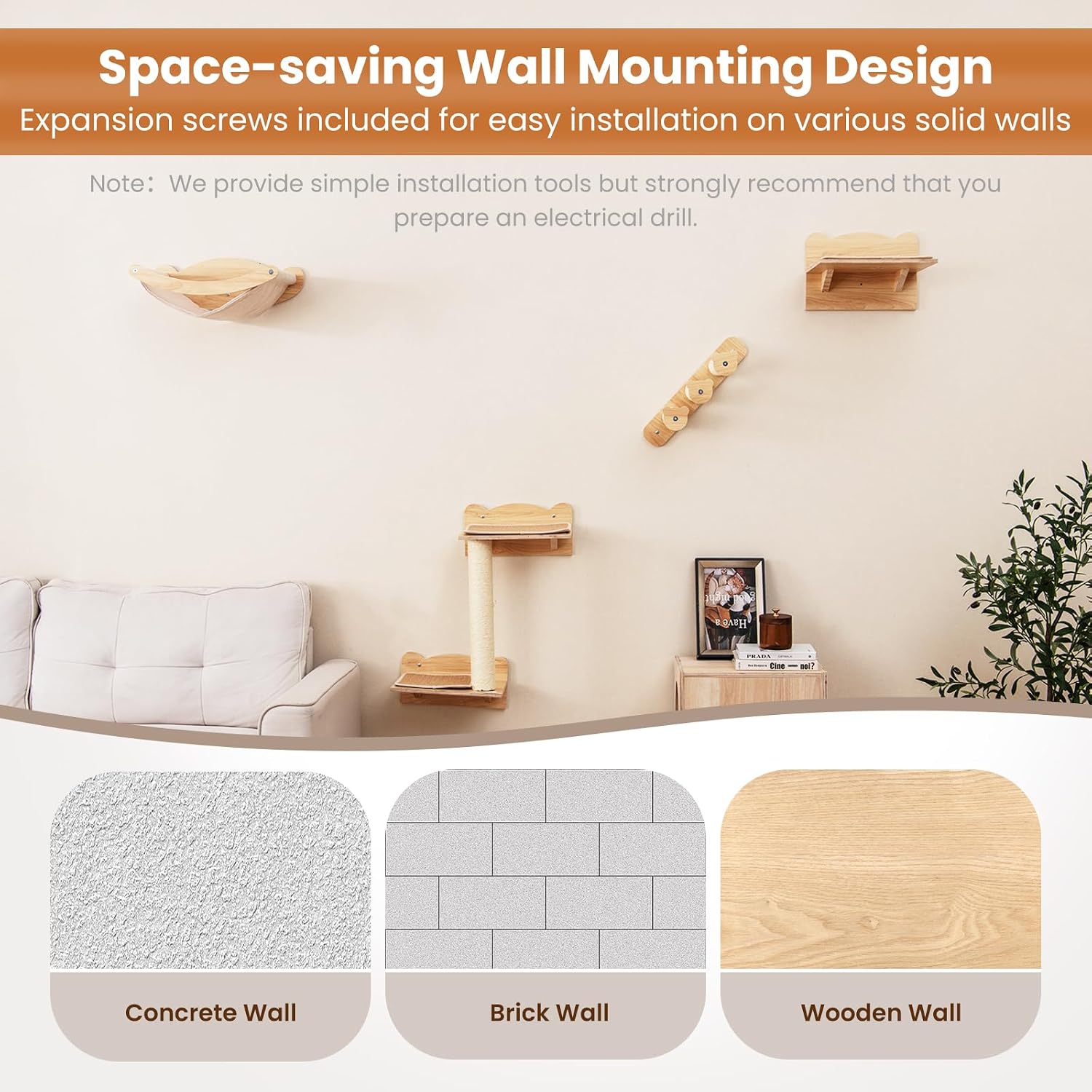 PETSITE 4-Piece Cat Wall Shelves, Modern Wooden Cat Wall Furniture with Sisal Wrapped Ladder, Hammock, Sisal Scratching Post, and Non-Slip Pads, Natural