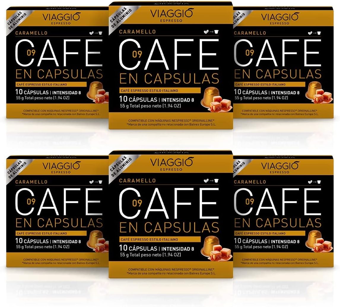 Viaggio Espresso - Single Serve Flavoured Coffee Pods - Aluminium Coffee Capsules Compatible with Nespresso Machine - Caramel Flavour (60 capsules)
