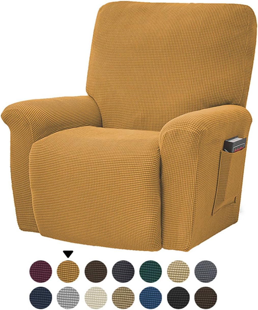 Recliner Slipcover, Solid Color Jacquard Stretch Reclining Chair Slipcovers 4-Pieces LazyBoy Covers Furniture Protector for Recliner with Pocket Sofa Couch Chair Cover (Gold)