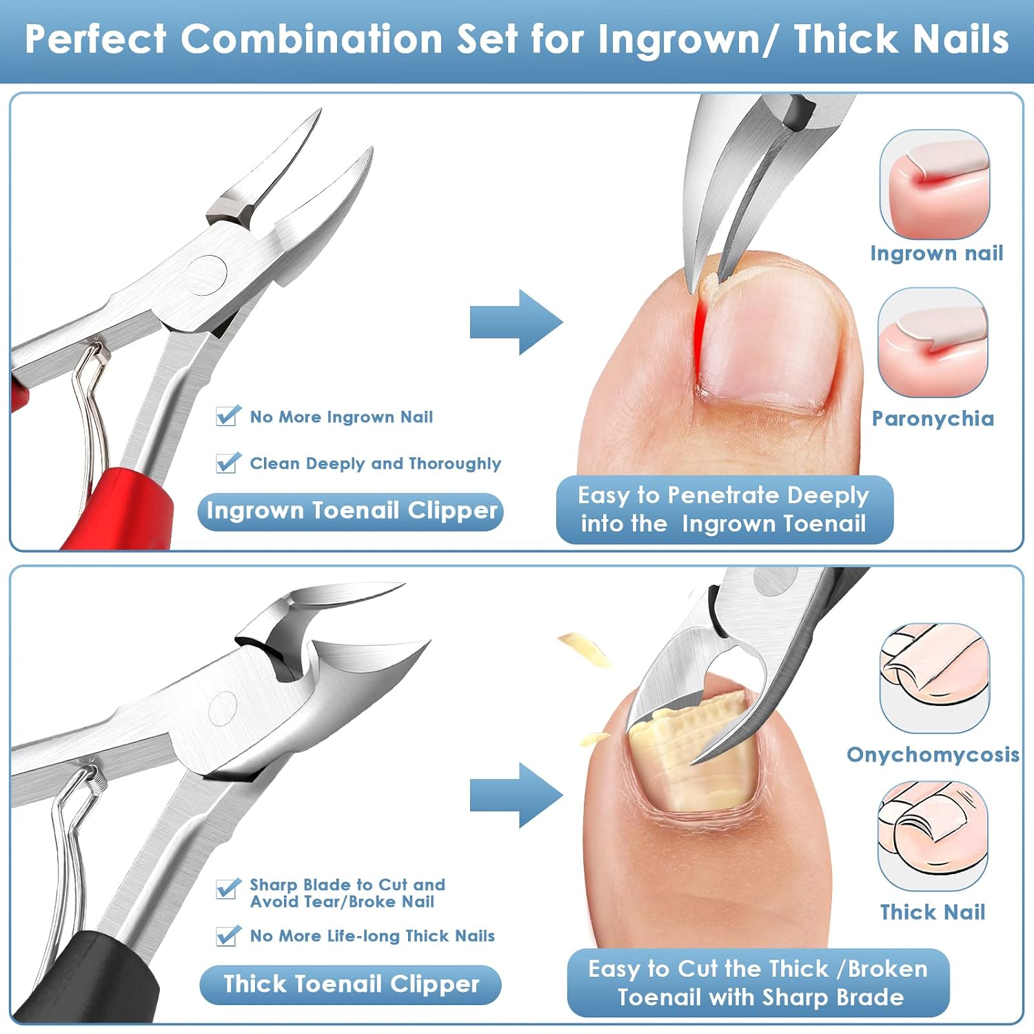 Modacraft 8 PCS Podiatrist Toenail Clippers, Professional Heavy Duty Ingrown & Thick Toe Nail Clippers for Men & Seniors, Pedicure Tools kit with Nail Cutter Super Sharp Curved Blade Manicure Tools