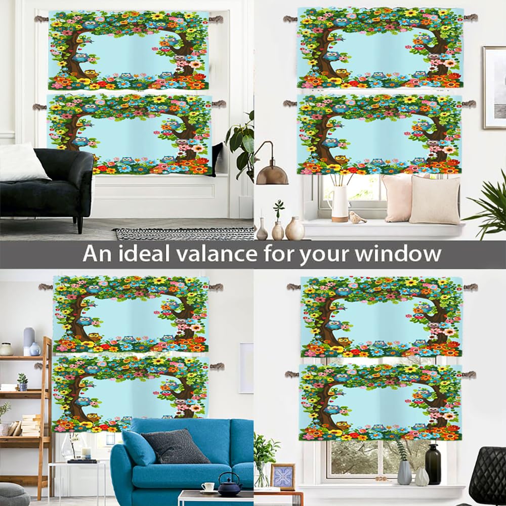 TOWINSFB 2 Pack Cartoon Owl Flower Tree Window Valances, Rod Pocket Cute Boho Floral Bird Window Treatment Short Curtains for Kitchen/Bathroom/Living Room, 54