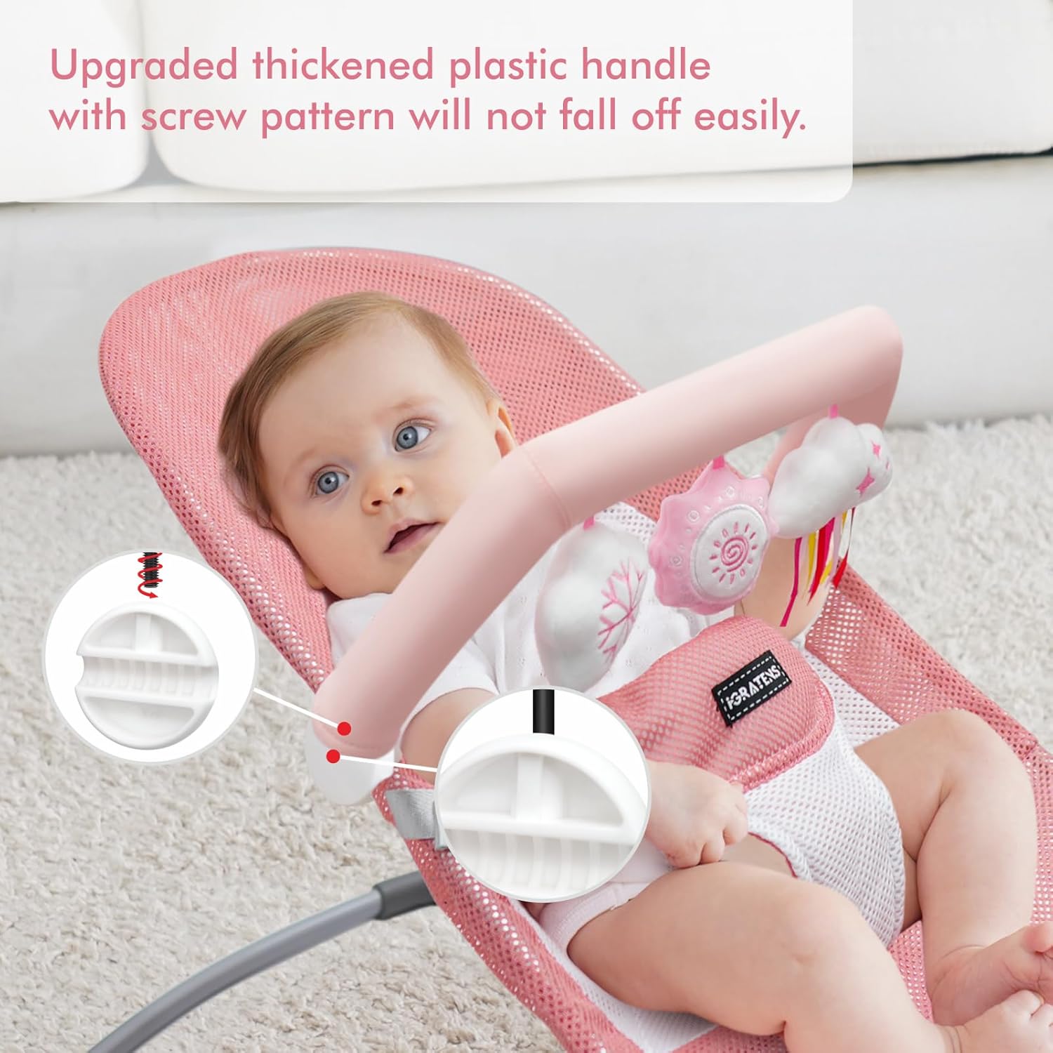 iGRATENS Baby Bjorn Bouncer Toy Bar, Toy Bar for Baby Bouncer Bliss and Balance Soft with 3 PCS Cute Sensory Toys, Easy to Attach and Remove, Skin -Friendly, Machine Washable, Pink and White, Soft