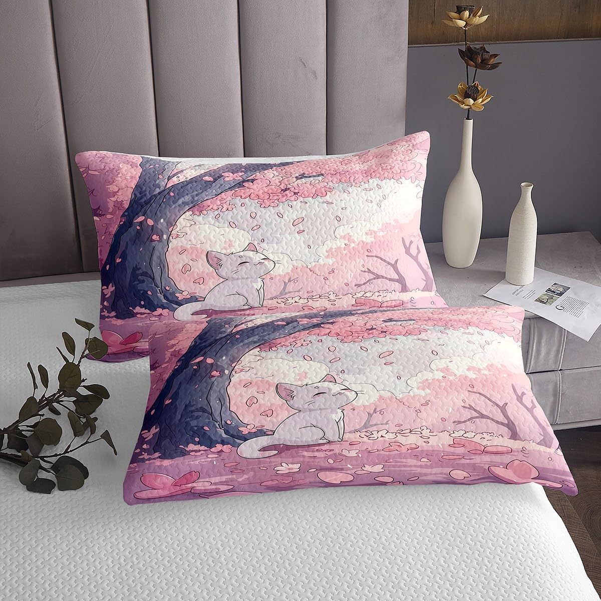 Erosebridal Cartoon Little Cat Quilt Set Queen Cute Anime Animal Bedspread Pink Dreamy Cherry Blossom Coverlet Set for Kids Adults,Japanese Style Kawaii Kitten Bedding Quilted