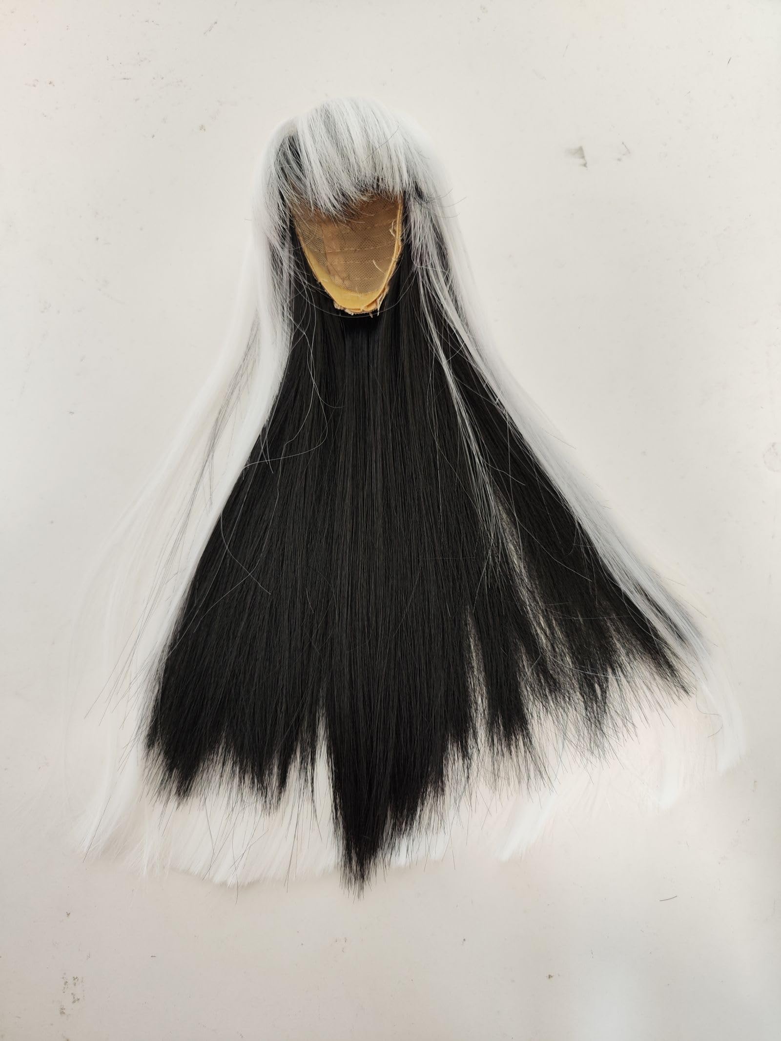 1/4 bjd Wig Head Circumference 7-8inch(18-19cm) high Temperature Fiber Diagonal Bangs Long Straight Hair White Above and Black Below