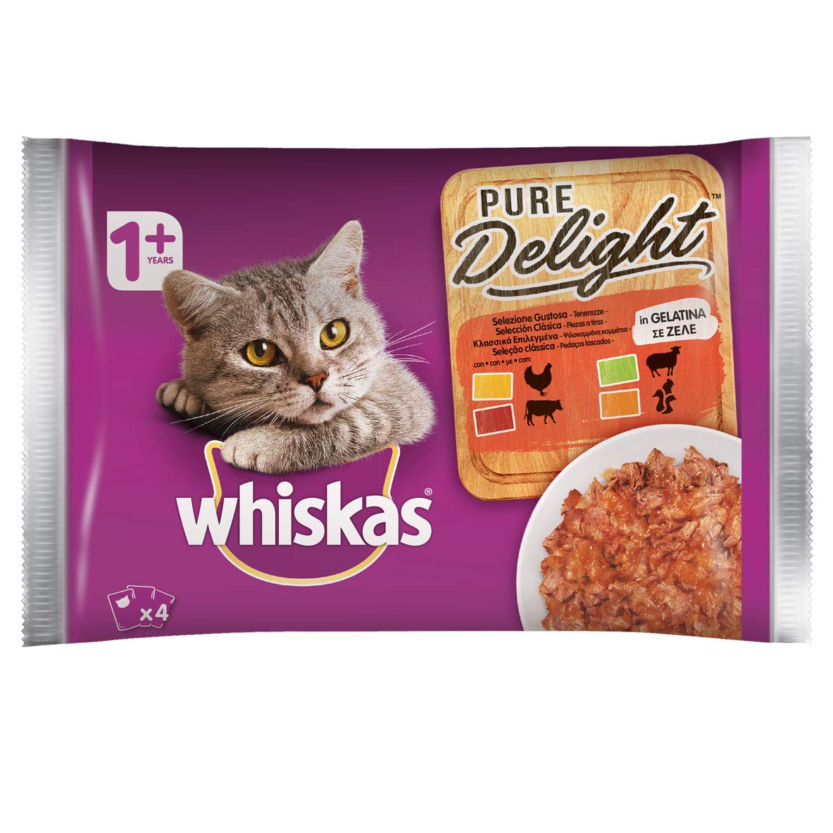 Whiskas Pure Delight in Gelatina Selezione Gustosa, 1+ Anni, 4 x 85 g, Cibo per Gatto, 13 Confezioni (52 Pezzi in Totale)