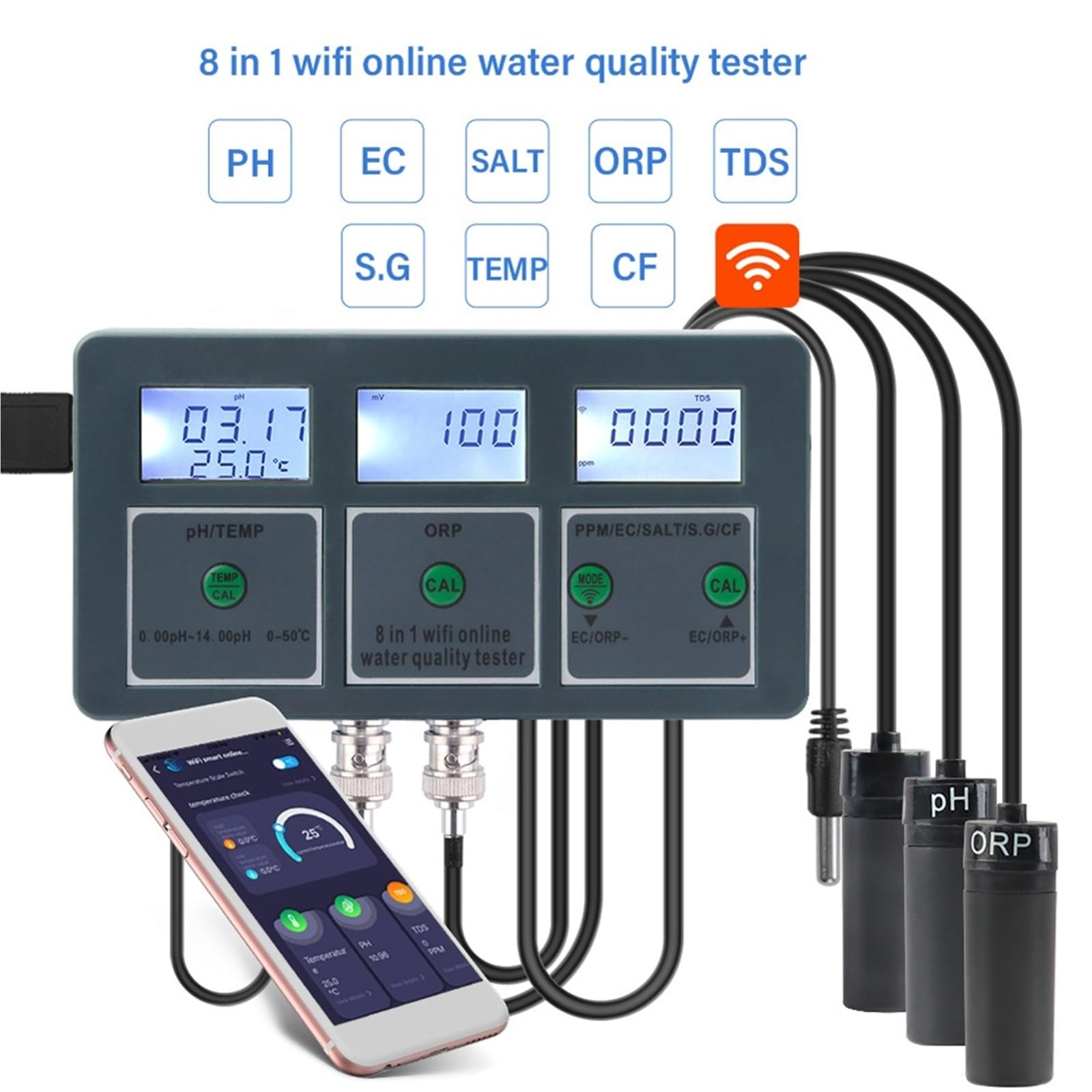 Détecteur de qualité l'eau 8 en 1 SG/PH/EC/ORP/TDS/CF/SALT/TEMP Analyseur mesure Moniteur d'eau Testeur, Analyse de qualité instantanée