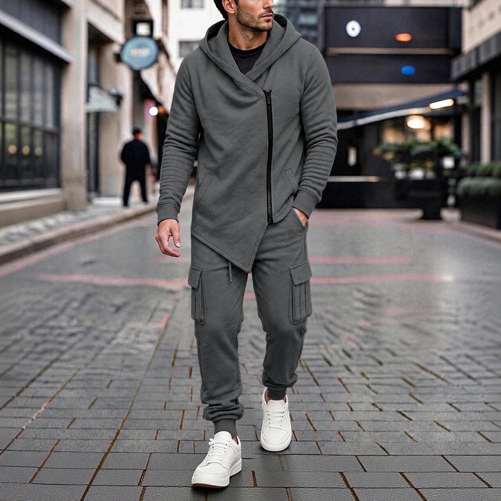 Completo sportivo da uomo a due pezzi con felpa e pantaloni cargo larghi fo