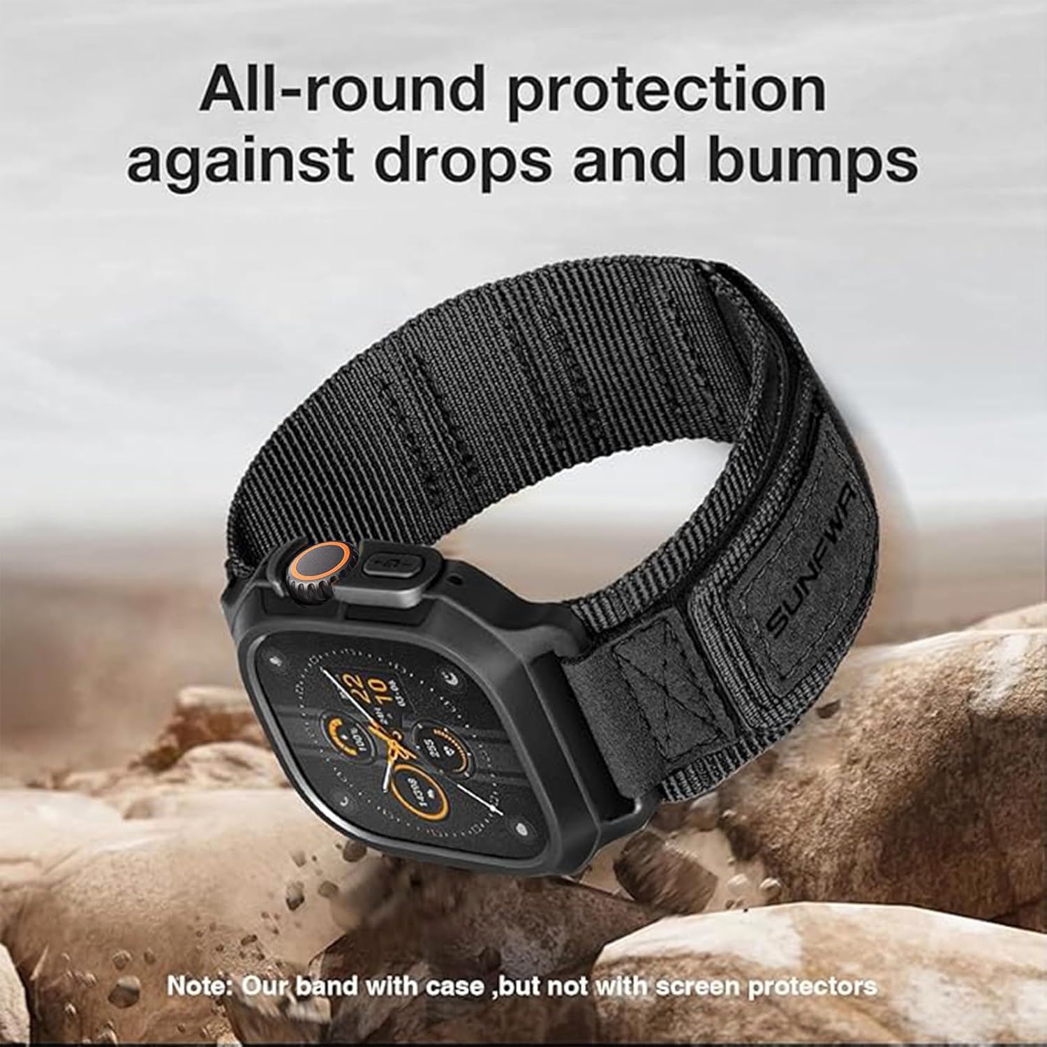 SUNFWR Bands Compatible with Apple Watch 42mm Series 11/10 with Case,Rugged Nylon Sport Apple Watch Strap with Protective Cover for iwatch for Men (Black-BlackTags)