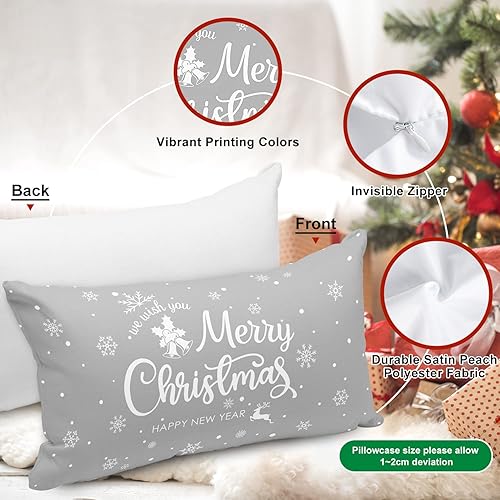 Miniatura 6 de Lanpn Juego de 4 fundas de almohada lumbares de Navidad blancas y grises de 12 x 24 pulgadas, fundas decorativas largas de Navidad con copos de