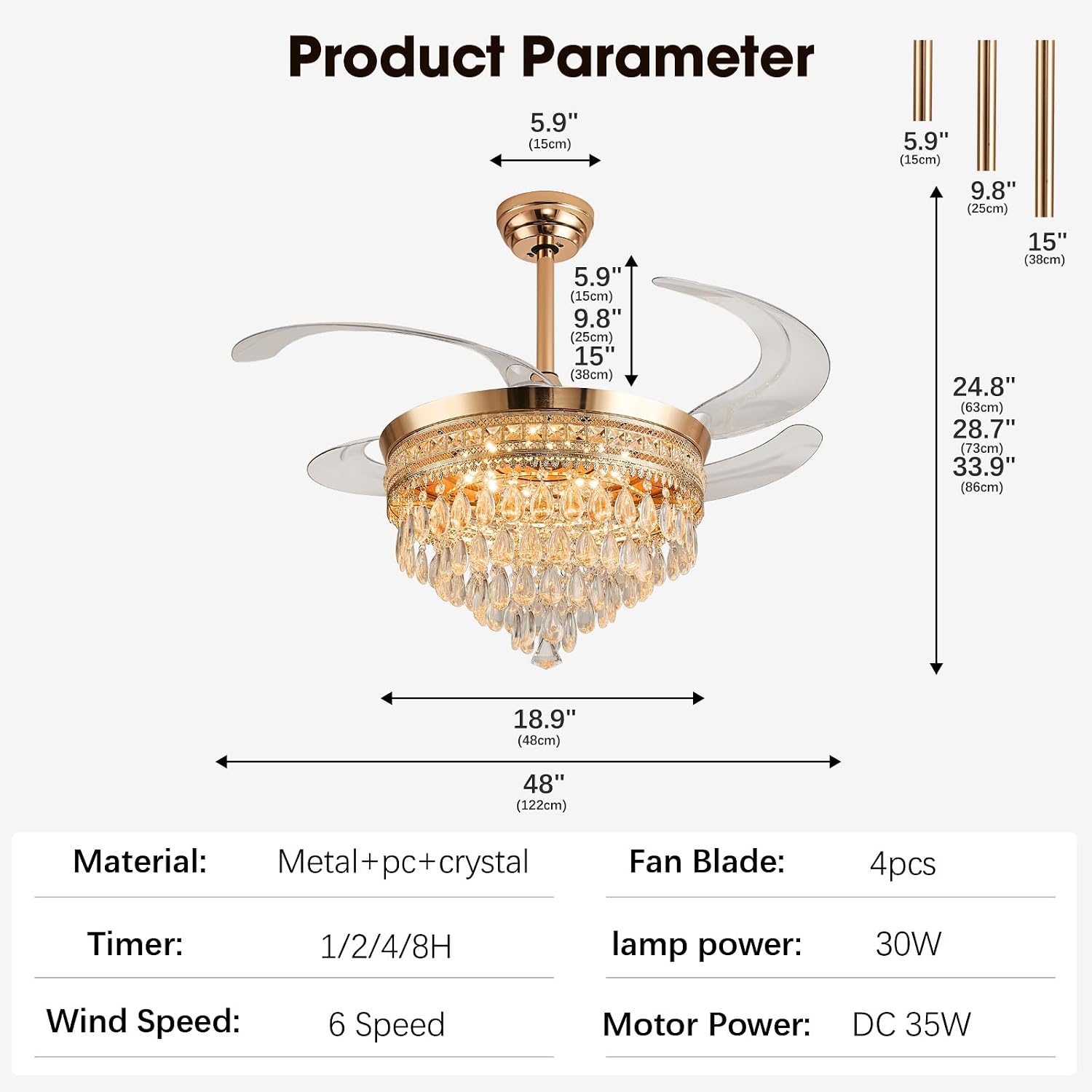 48" Chandelier Ceiling Fan - Crystal Ceiling Fans with Lights, Retractable Fandelier with Remote and App Control, 3 Color Dimmable, Reversible DC Motor, for Bedroom, Living Room (Gold)