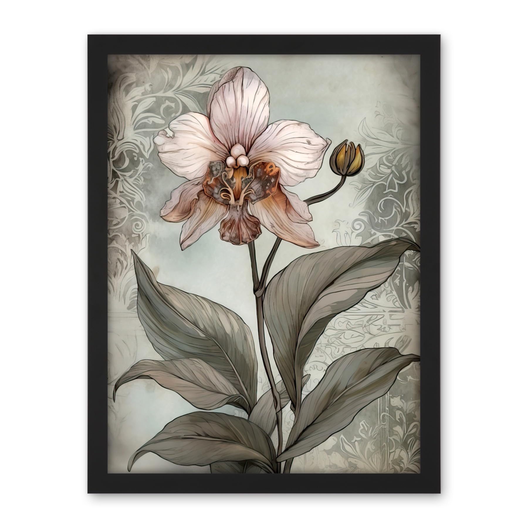 Artery8 Art Nouveau Pink Orchid Bloom Flower Watercolour Artwork Framed Wall Art Print 18X24 Inch