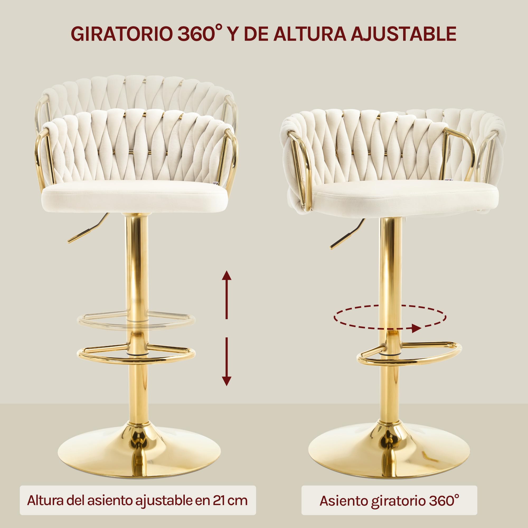 WOLTU Taburete de Bar, Taburete Alto de Cocinacon Respaldo y Reposapiés, Altura Ajustable, Base de Metal, Terciopelo, Crema