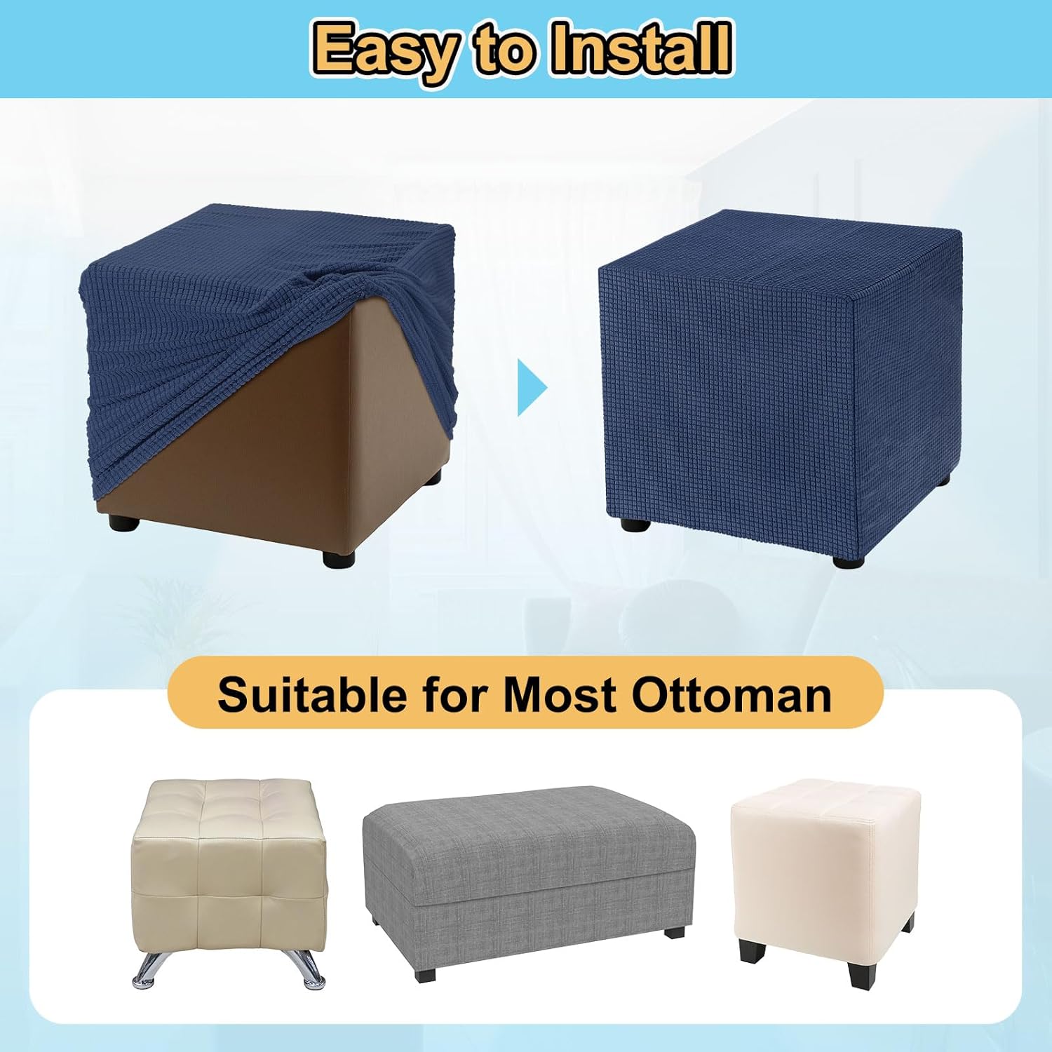 uxcell Stretch Ottoman Cover Rectangular Oversized Square Ottoman Slipcover with Elastic for Foot Stool Living Room Bedroom Fit Length 130-160cm / 51"-63", X-Large, Navy