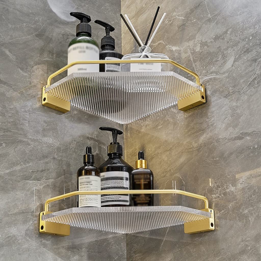 BAHELS Corner Shower Caddy Acrylic Bathroom Corner Shelf Brushed Gold Wall-Mounted Bathroom Towel Bar Storage Organizer Toilet Corner