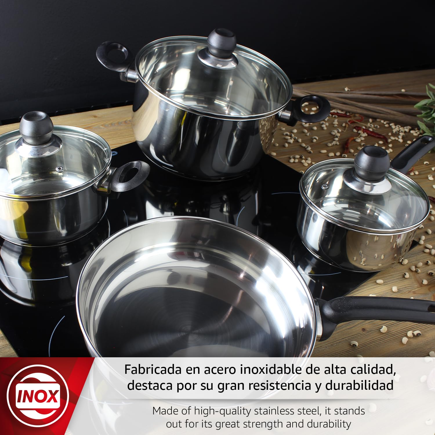 Magefesa - Practika batería de cocina, 7 piezas, fabricada en Acero Inoxidable, su fondo difusor garantiza la distribución de calor, INDUCCIÓN, fácil Limpieza y Apta lavavajillas