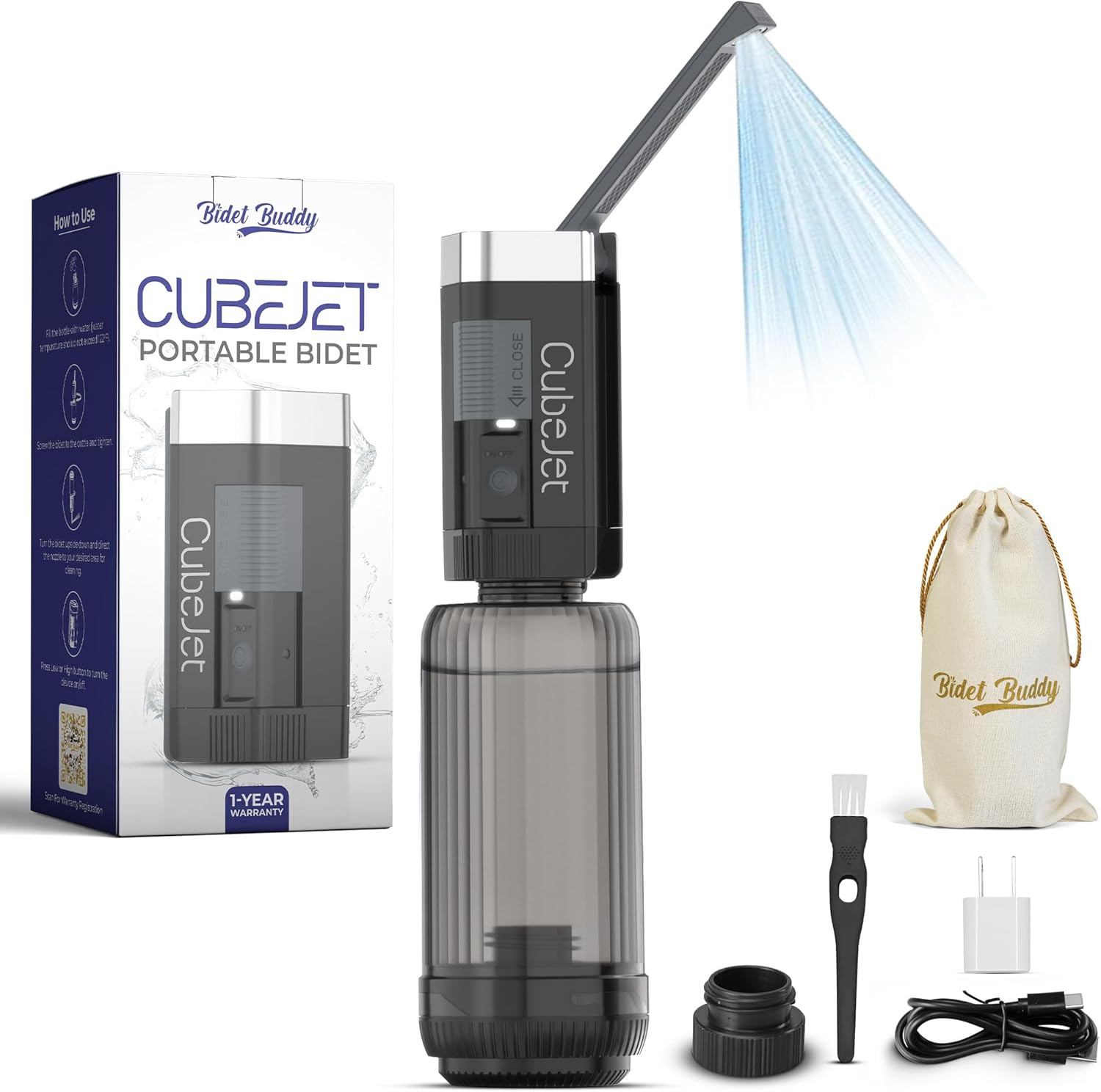 BIDET BUDDY® CubeJet Portable Bidet | Rechargeable Electric Handheld Sprayer for Travel, Camping & Home | Ultra High Pressure USB-C Hygiene Device with Seat-Bidet-Level Cleaning Power - Obsidian Drift