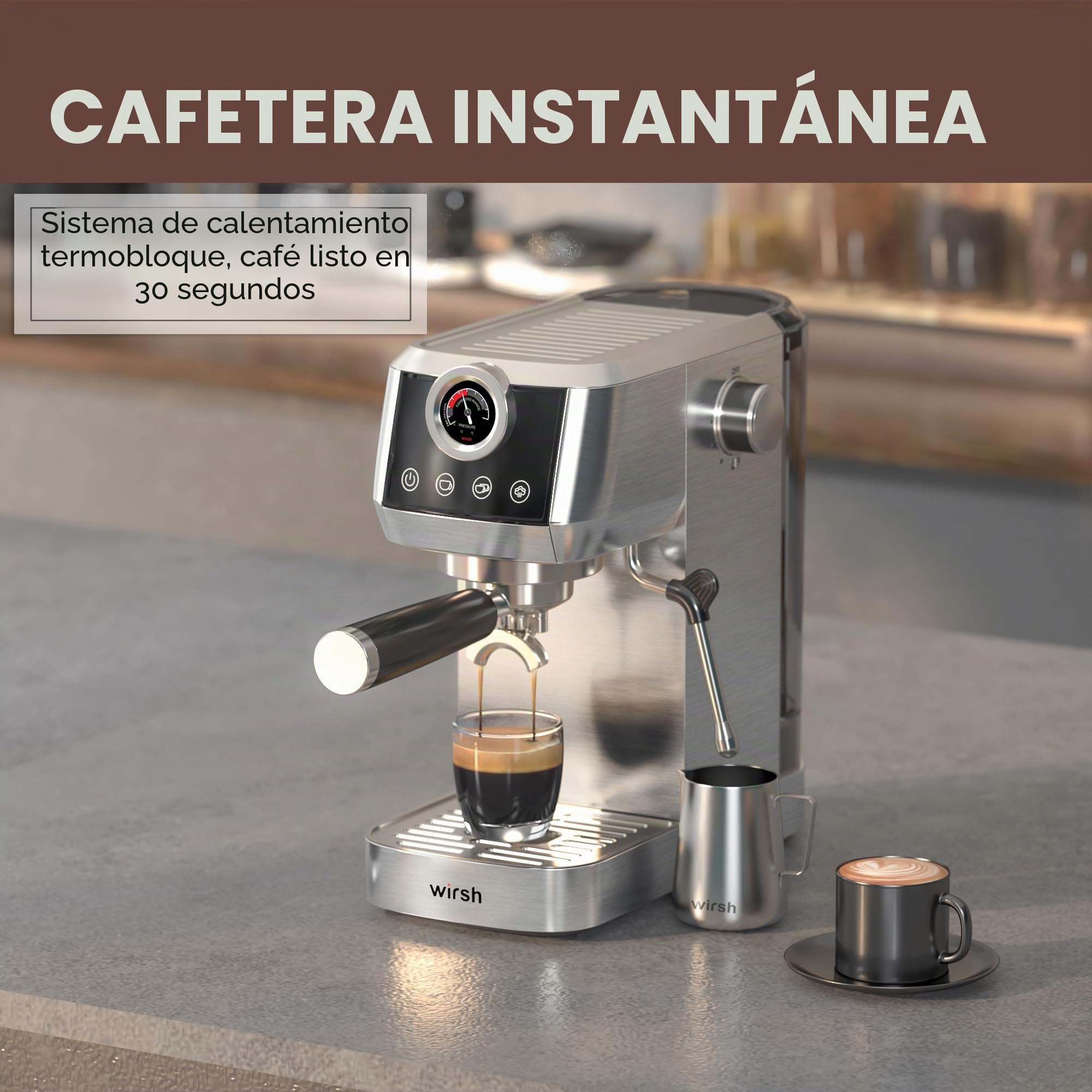 wirsh Máquina de expreso, cafetera espresso de 15 bares con vaporizador comercial para café con leche y capuchino, cafetera espresso con tanque de agua extraíble de 40 onzas, acero inoxidable completo