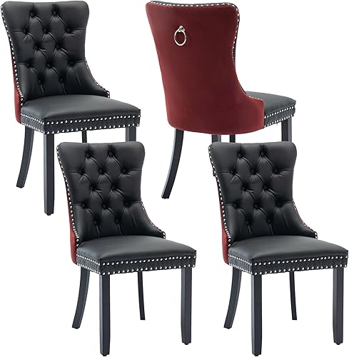 Miniatura 61 de Juego de 4 sillas de comedor de terciopelo, sillas de comedor tapizadas con ribete de cabeza de clavo, patas de madera, anillo de tracción, sillas