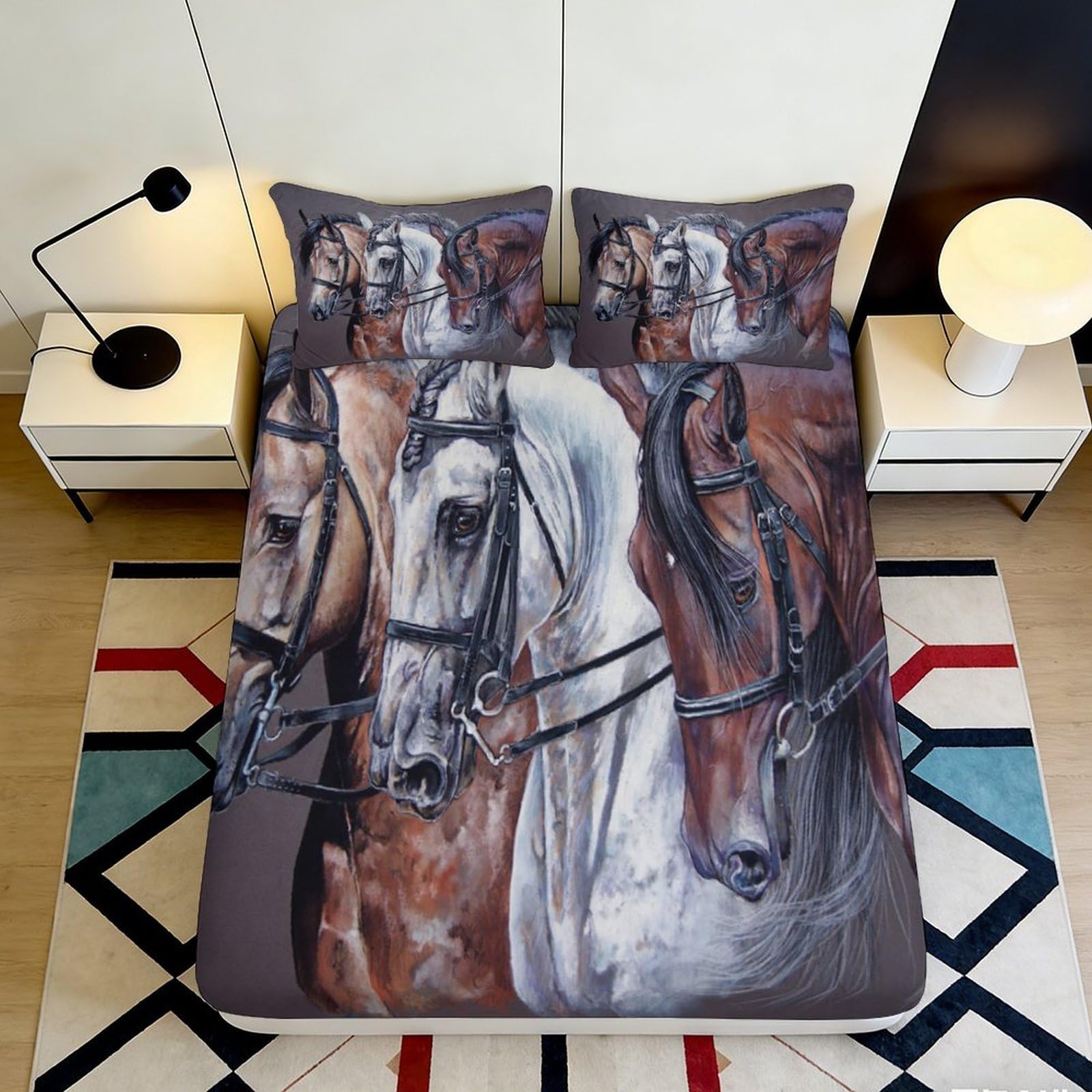 Wtorimpel Style-10 3D Printed Horse Pattern Fitted Sheet Microfiber Deep Pocket Non-Slip Bedding Horse Design Mattress Fitted Cover Machine Washable 140X200x25cm