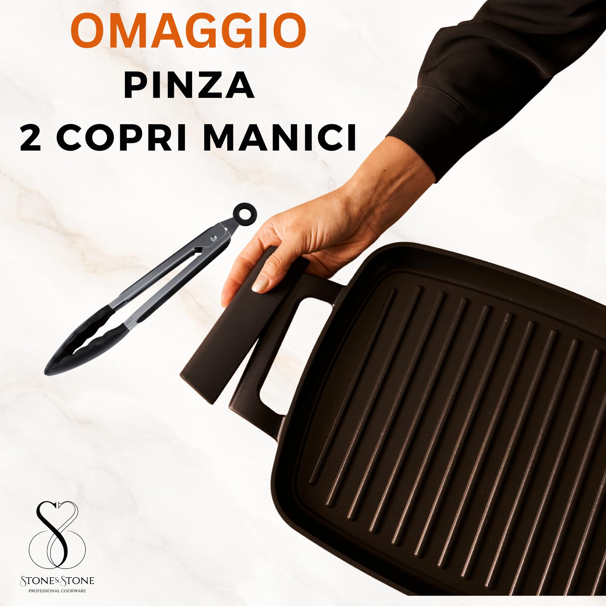 Stone&Stone Bistecchiera Induzione 47 cm Rettangolare, Piastra Grill Induzione BBQ Antiaderente con Rivestimento Ceramico Tedesco, Fondo Acciaio Pieno, con Pinza, Gas e Forno, Senza PFAS PFOA PTFE