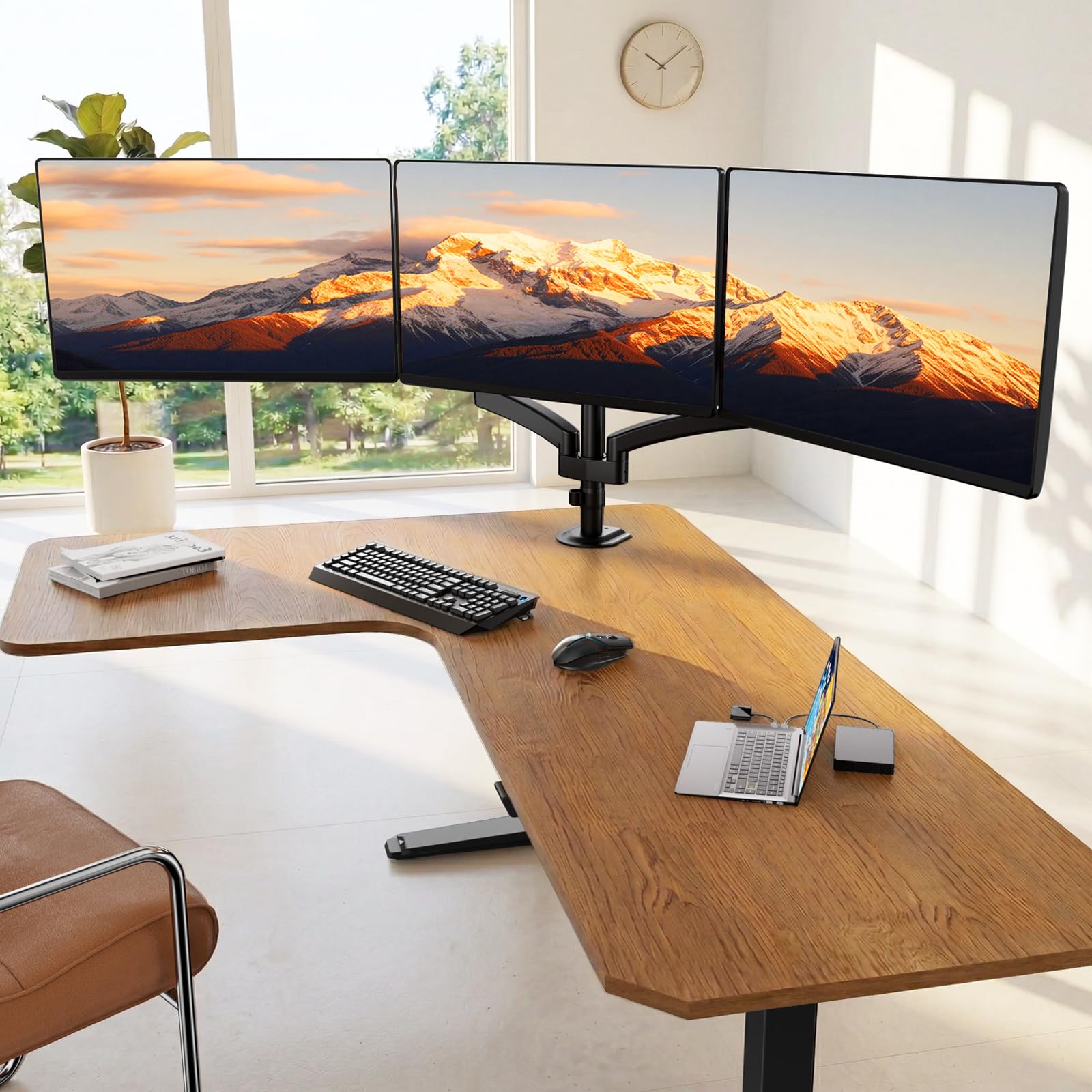PUTORSEN Supporto 3 Monitor per PC, Premium Alluminio Braccio articolato Ergonomico Molla Gas per Triplo Schermi 17-27", Altezza Regolabile Inclinazione Girevole e Fissaggio Scrivania Braccio