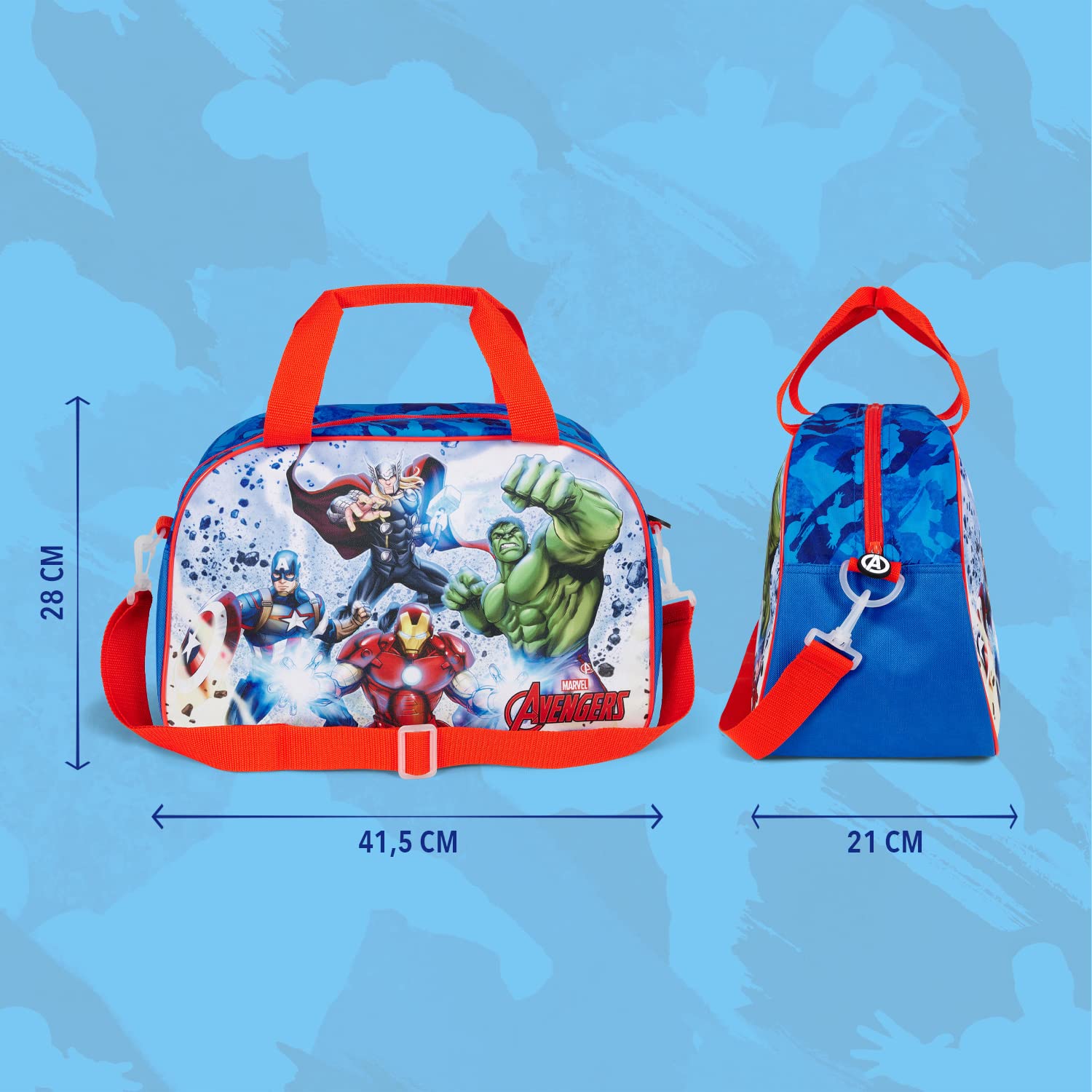 PERLETTI Borsone Palestra Bambino Marvel Avenger Blu Rosso - Borsa da Viaggio Bambini Supereroi Capiente Leggera - Borsa Sportiva Bimbo Palestra Piscina Danza Viaggi Tempo Libero - 28x41,5x21cm