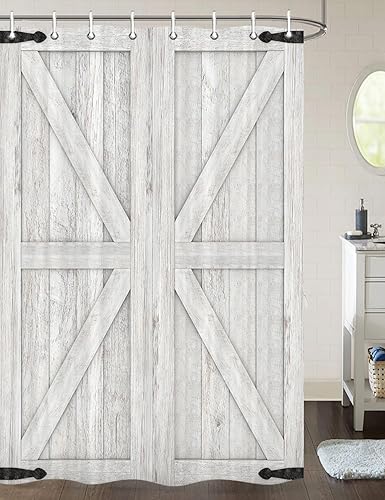 Vista 102 de Cortina de ducha rústica de madera estilo granero, 60 x 70 pulgadas, color beige