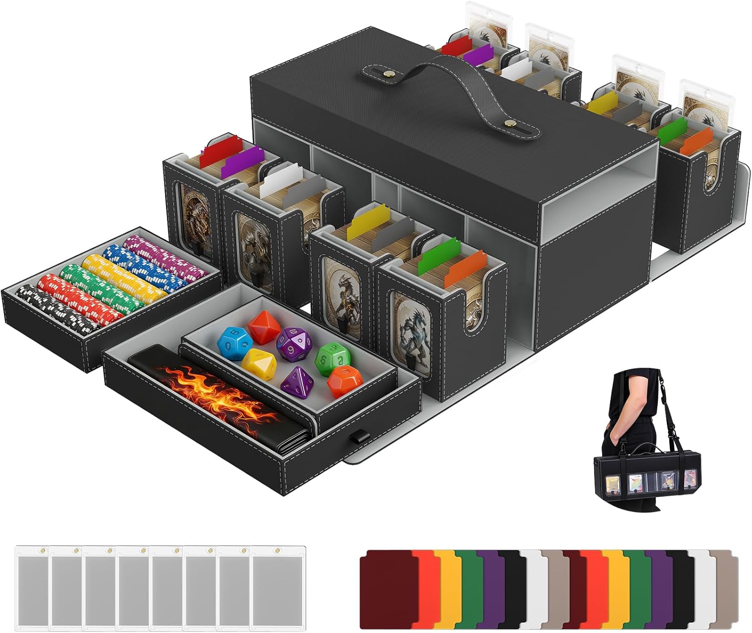 Cortile MTG Commander Deck Box 8-Deck Modular Card Case and 3 Dice Trays- 11-IN-1 Trading Cards Storage Box Holds 800+ Double-sleeved Cards with Handle & Shoulder Strap for TCG/PTCG/EDH, Black Grey