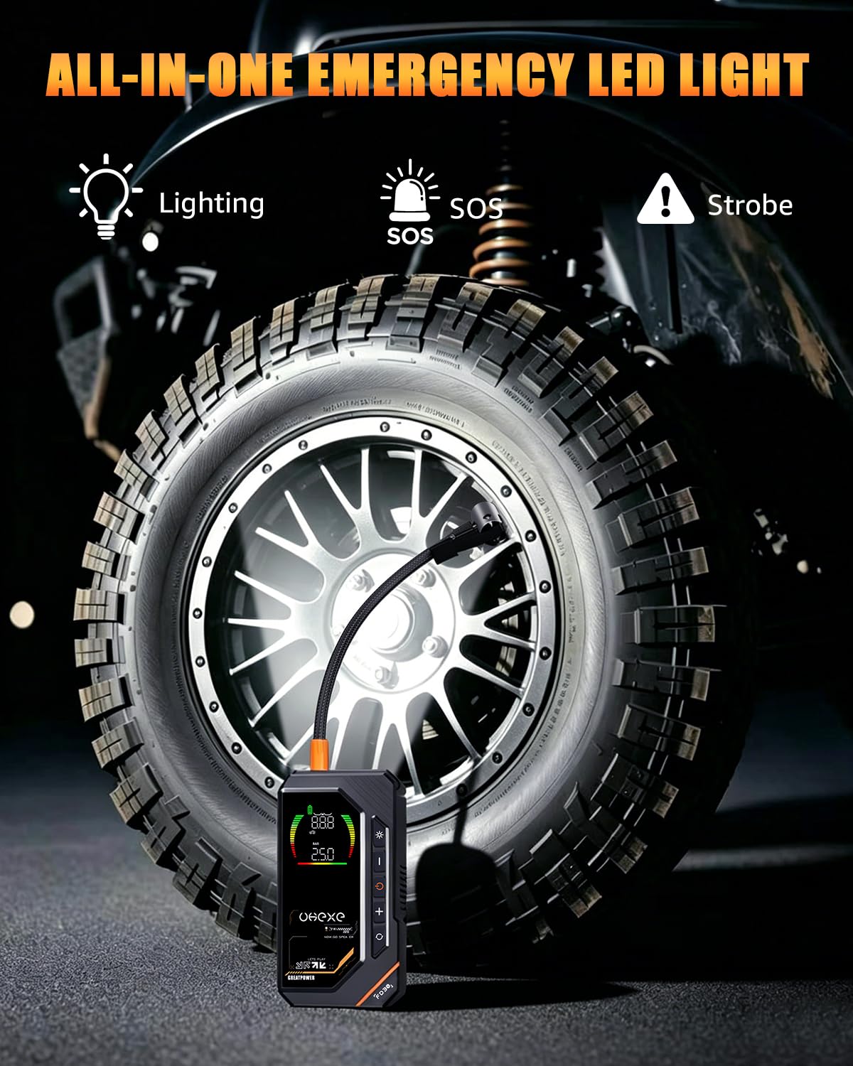 5000A Avviatore di emergenza con compressore d'aria da 160 PSI, gonfiatore portatile da 88,8 Wh, display LED per 10,0 L di benzina e 9,0 L di gasolio (Nero)