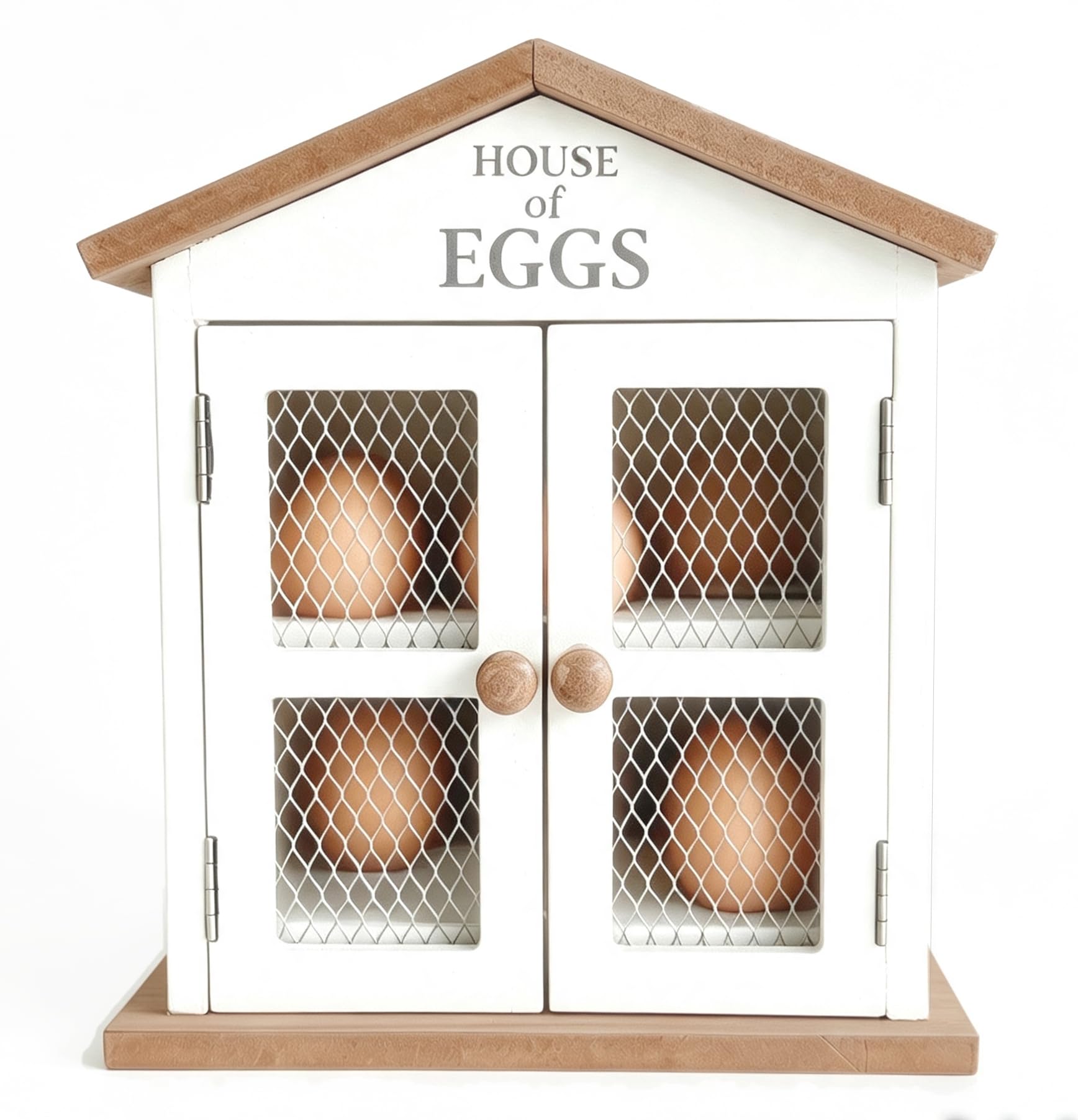 GreyZouq Wooden Egg House, 12-Egg Holder and Storage Cabinet, Kitchen Worktop Organiser with Mesh Doors and Magnetic Closure, Wood Roof