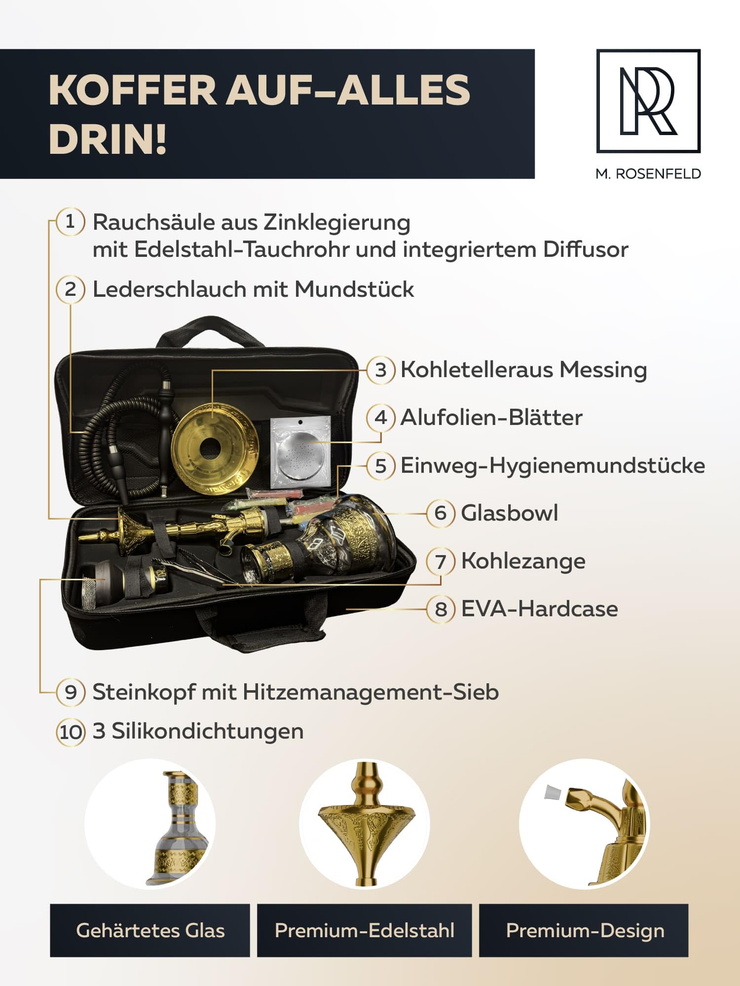 Tradi Shisha Set Komplett 59 cm Gold – Traditionelle Shisha Wasserpfeife im Koffer, Hookah Shisha Komplettset – Große Nargile Wasserpfeife Shisha für Zuhause, Party & Geschenk M. ROSENFELD