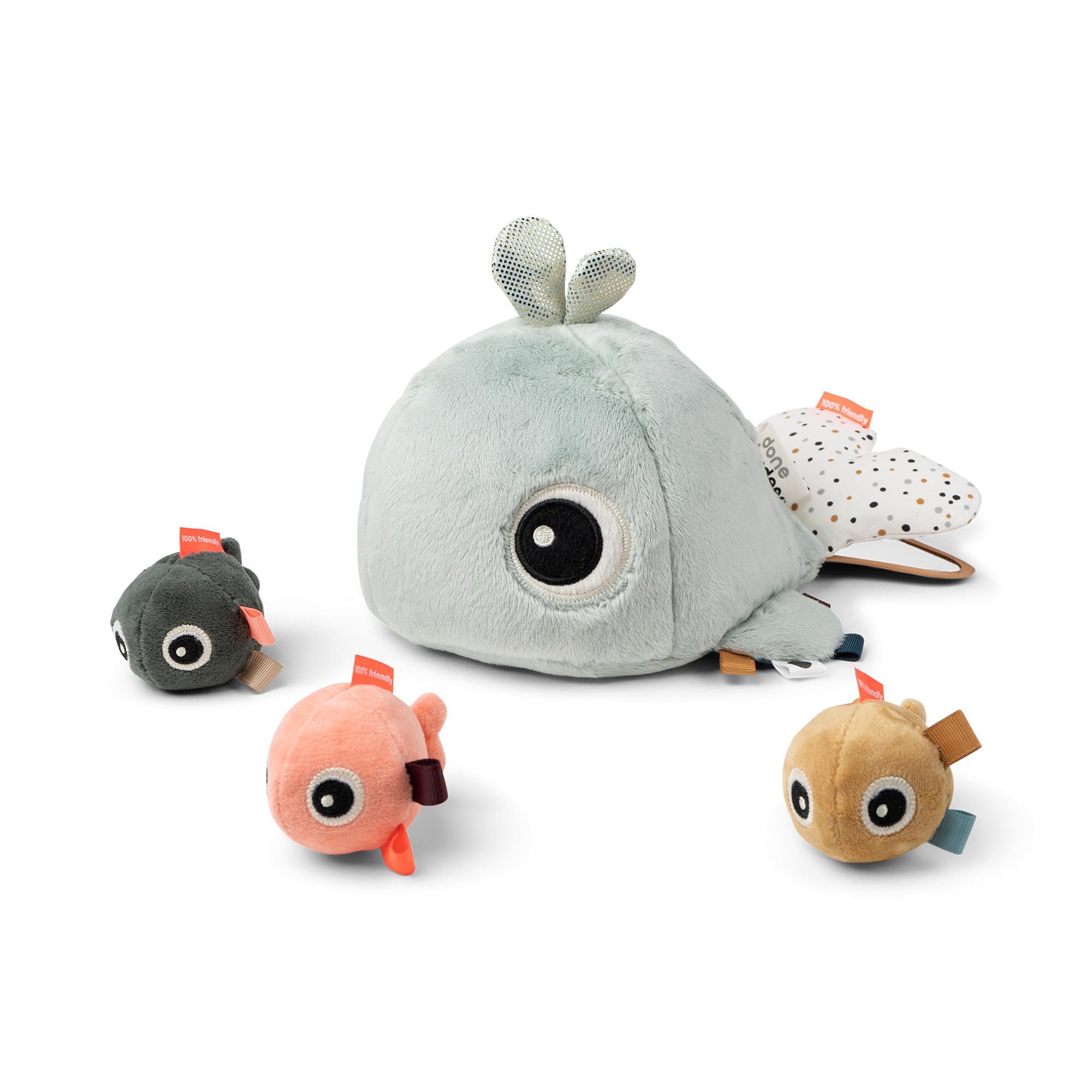Done by Deer Wally Blue Hide&Seek Activity Toy - Playful Whale Design with Little Fish Friends - Various Sounds, and Hidden Mirror - Educational Benefits for Concentration and Hand-Eye Coordination
