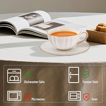 Porcelain Tea Cups and Saucers Set of 6, British Style Ceramic Tea Cup Coffee Mug Espresso Cup White Tea Cup Set for Women Home Kitchen Office Coffee Shop Tea Party, 200ml/7 OZ