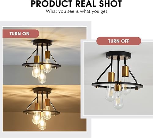 Miniatura 4 de Lámpara de techo industrial de montaje semi empotrado de 3 luces, lámpara de araña mate en negro y dorado E26, lámpara de techo de granja para