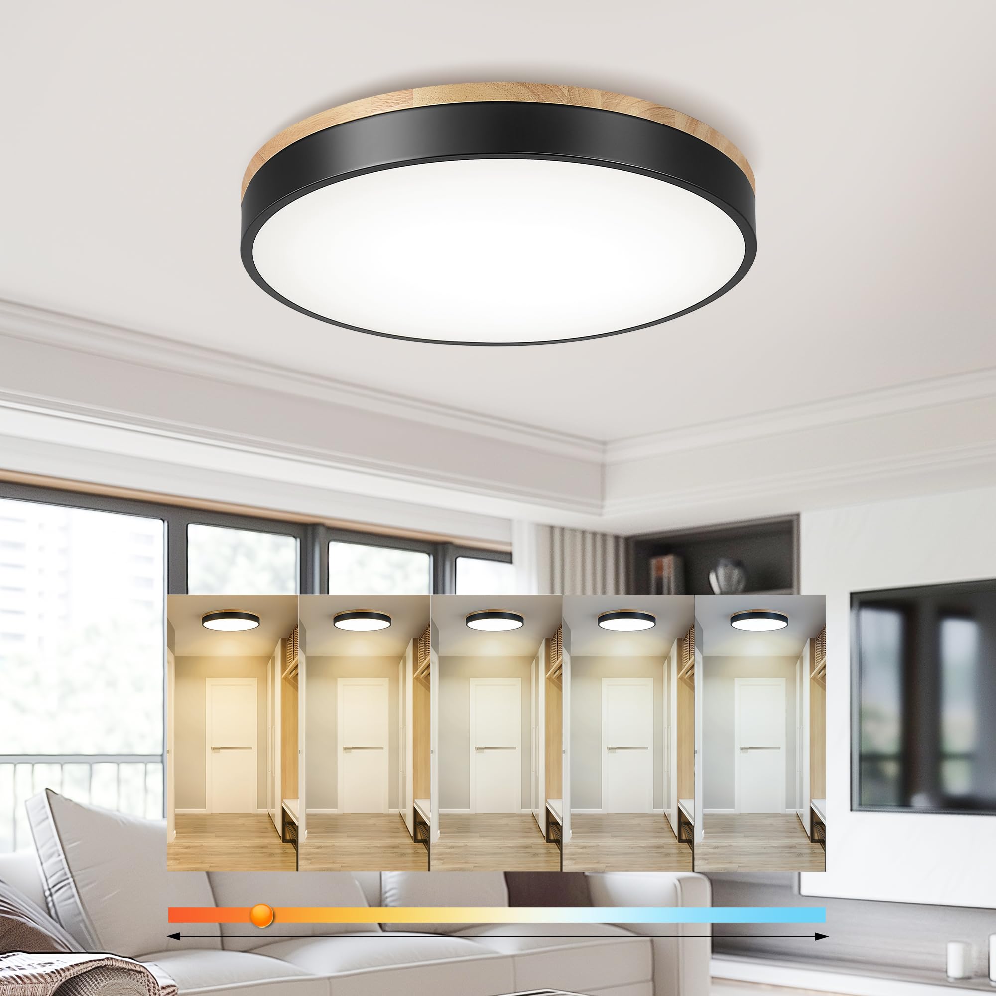 Ken &amp; Ricky 16" Modern Flush Mount Ceiling Light，Light Wood and Black,1PK