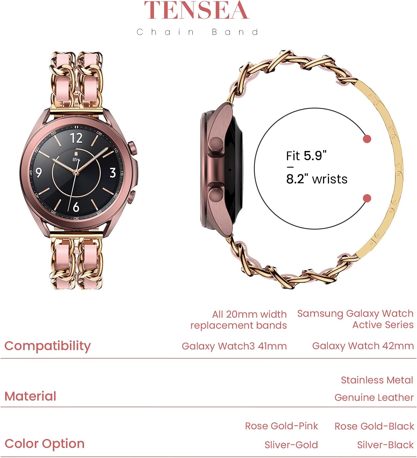 Tensea Metal Band Leather Loop for Galaxy Watch 4 40mm 44mm/Galaxy Watch 4 Classic 42mm 46mm/Watch 3 41mm/Active 2 44 40 mm, Cute Bracelet Quick Release Strap, Chain Wristband (Rose Gold-Pink)