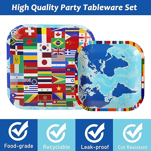 Miniatura 4 de Juego de 96 platos y servilletas de banderas del mundo internacional, suministros de fiesta, viajes alrededor del mundo, juego de vajilla para