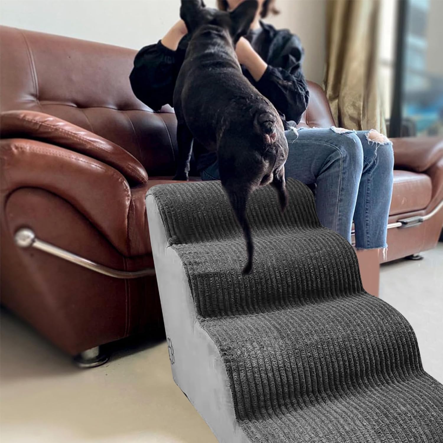 ベッド用ドッグステップ,4 ステップの高密度フォーム ドッグ スロープ - 訓練のための家庭用の弾力性のある猫の階段、ハイカウチソフ