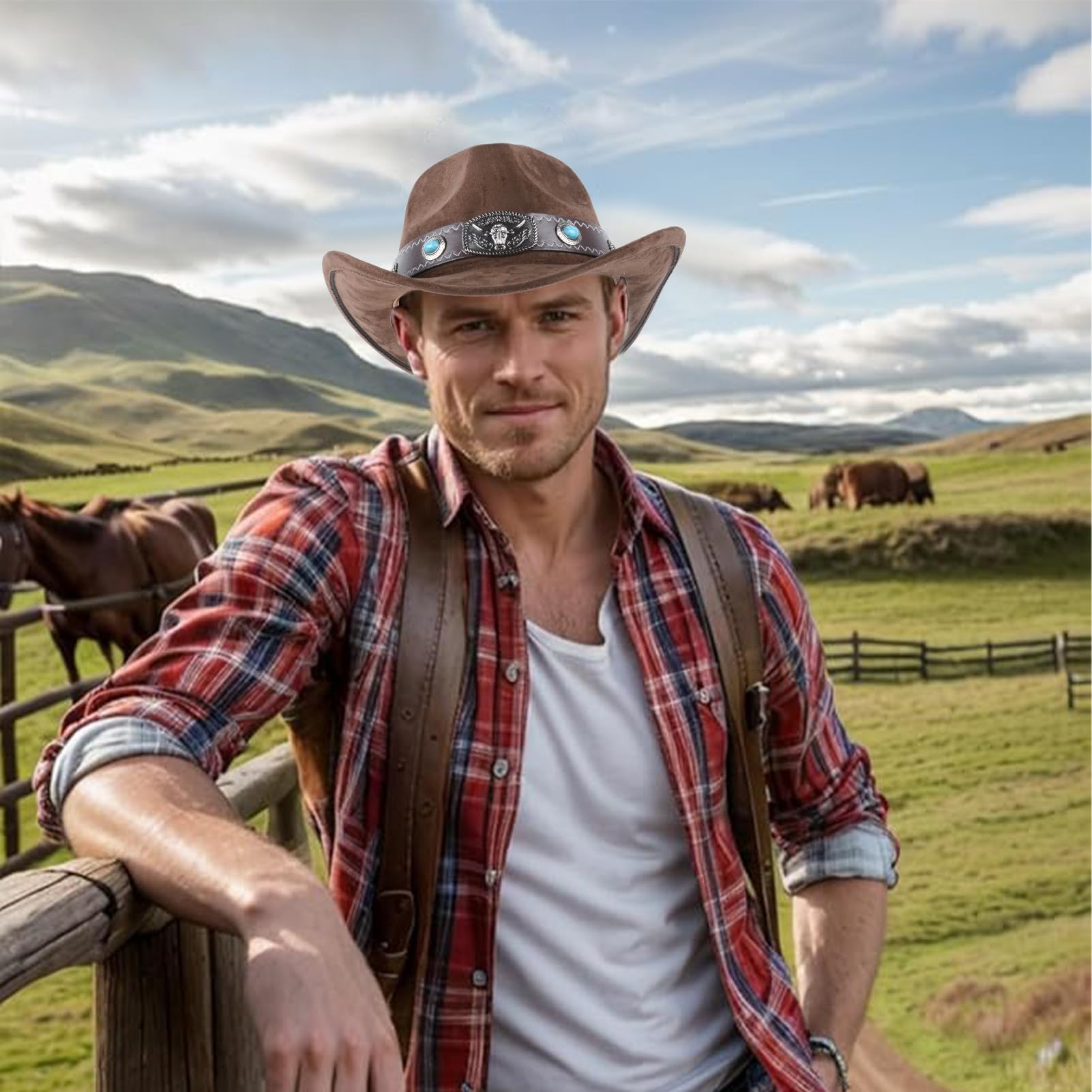 Cappello da cowboy per uomo e donna, traspirante, con fascia interna regolabile (56-58 cm), stile occidentale con tesa di 7 cm, per esterni, marrone, M