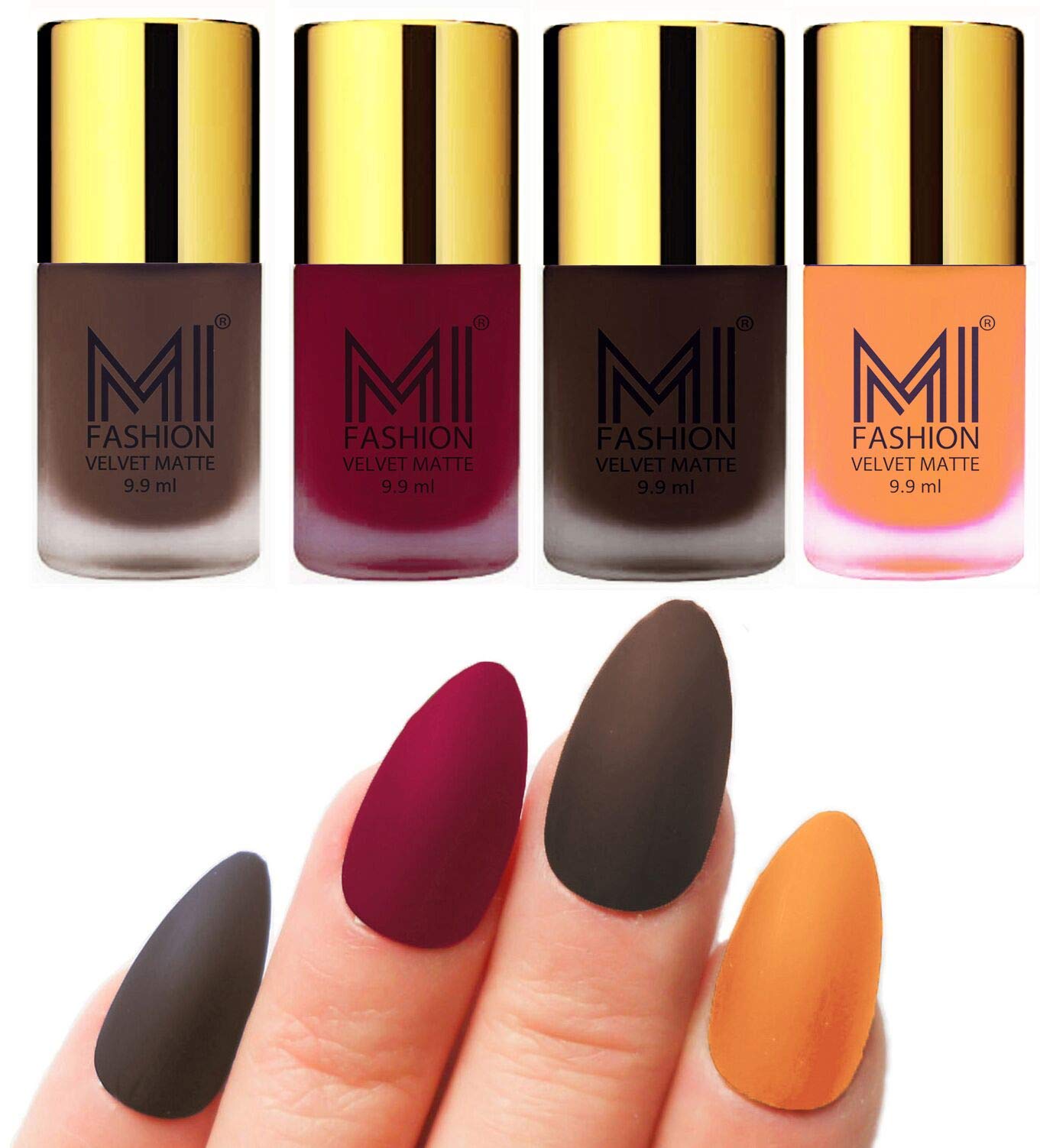 MI FASHION Velvet High Finish Matte Nail Polish Combo Set Radiant Nails 9.9ml Each Coffee, Mauve, Dark Brown, Saffron Orange (Pack Of-4)-image-6